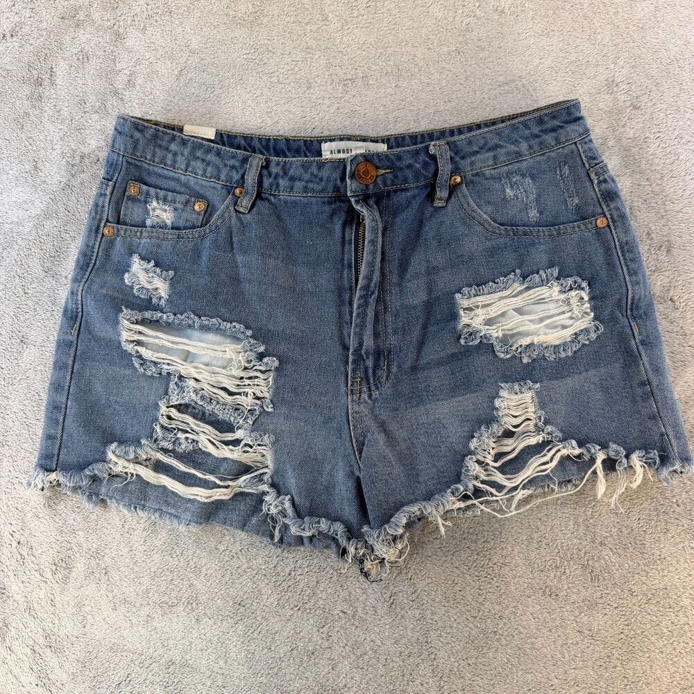Almost Famous Women's Distressed Denim Shorts Size 11 Blue Frayed Raw Hem Festiv